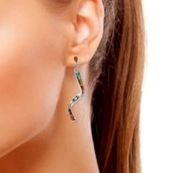 SANTA FE Style Kingman Turquoise and Multi Gemstone Swirl Earrings in SS NWT - Picture 2 of 4